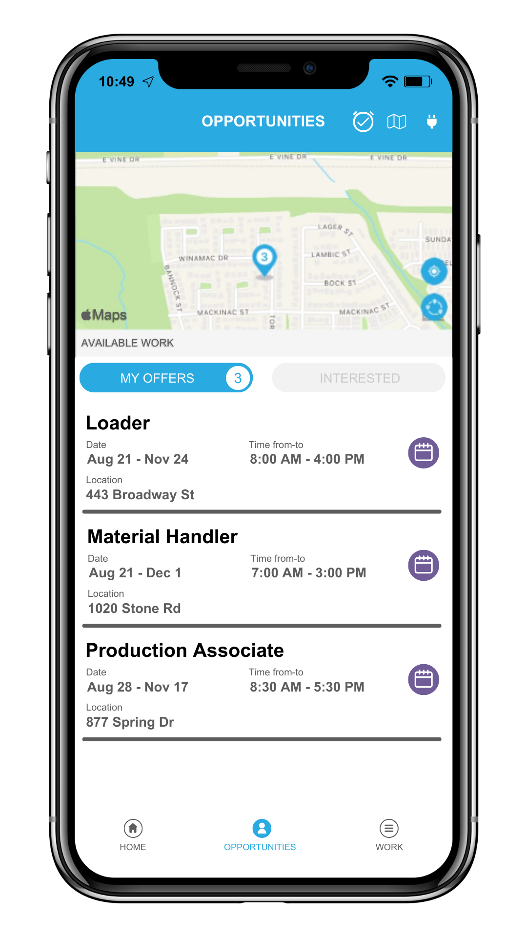 Kable Konnect opportunities screen showing available jobs